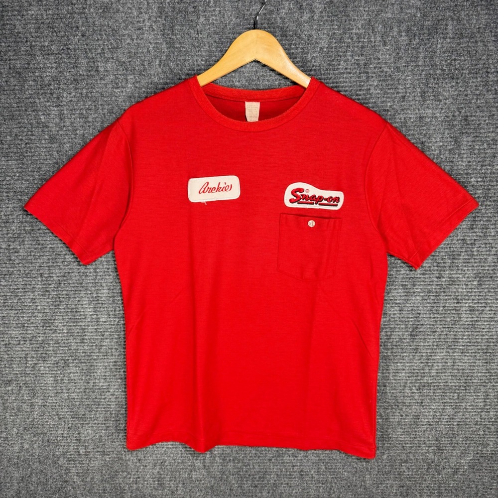 Snap-on Tools Mens Red Mechanic Pocket Tee Archie Name Patch Vintage Shirt L